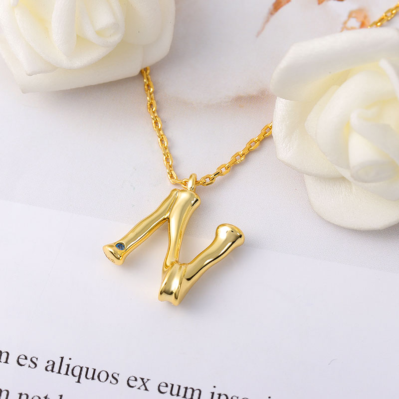 Letter N Pendant Bamboo Initial Necklace Adjustable Chain Length 18k Gold Plated 925 Sterling Silver_3