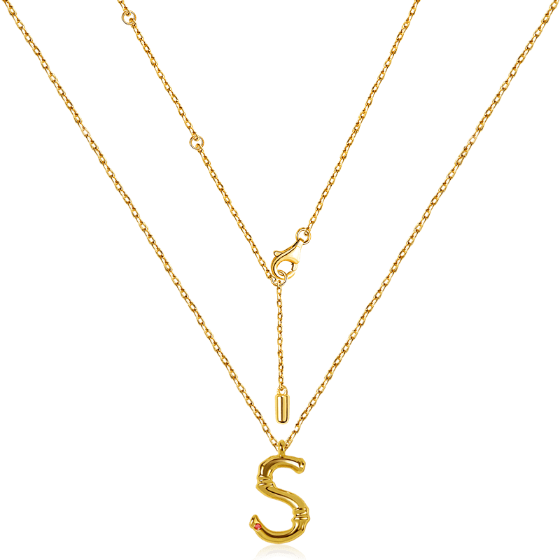 Letter S Pendant Bamboo Initial Necklace Adjustable Chain Length 18k Gold Plated 925 Sterling Silver_2