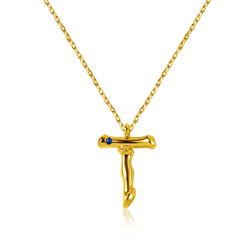 Letter T Pendant Bamboo Initial Necklace Adjustable Chain Length 18k Gold Plated 925 Sterling Silver_1