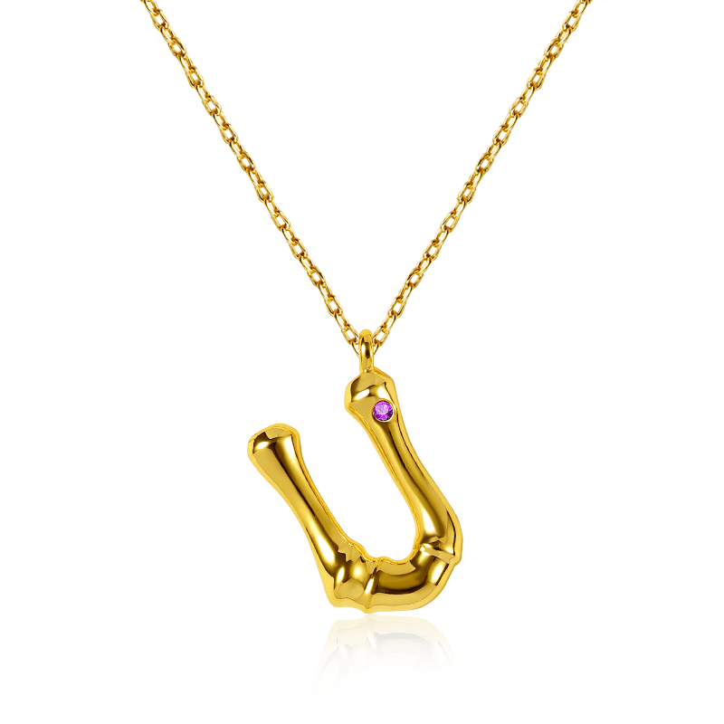 Letter U Pendant Bamboo Initial Necklace Adjustable Chain Length 18k Gold Plated 925 Sterling Silver_1