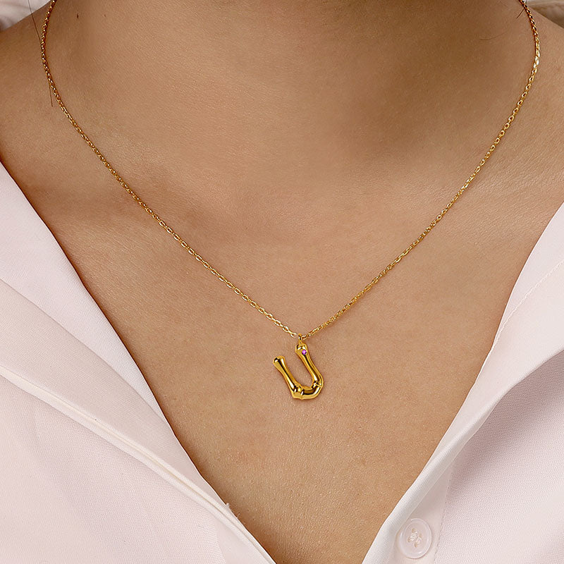 Letter U Pendant Bamboo Initial Necklace Adjustable Chain Length 18k Gold Plated 925 Sterling Silver_4