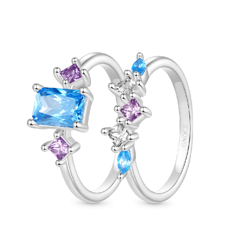 Conjunto de Anillos de Aguamarina Cortados en Rectángulo