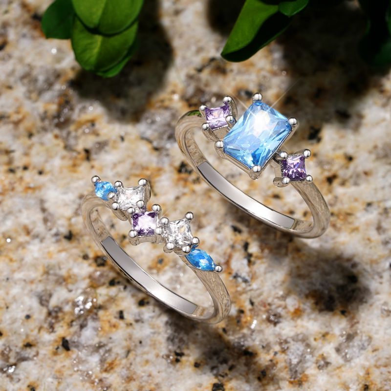 Conjunto de Anillos de Aguamarina Cortados en Rectángulo