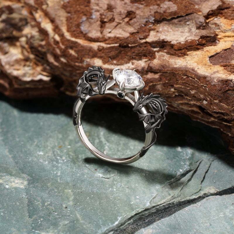 Anillo De Diamante Abrazo Dragón Negro